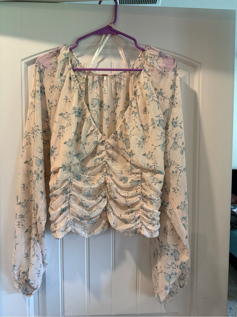 Free People Cream Floral Ruched V-Neck Blouse